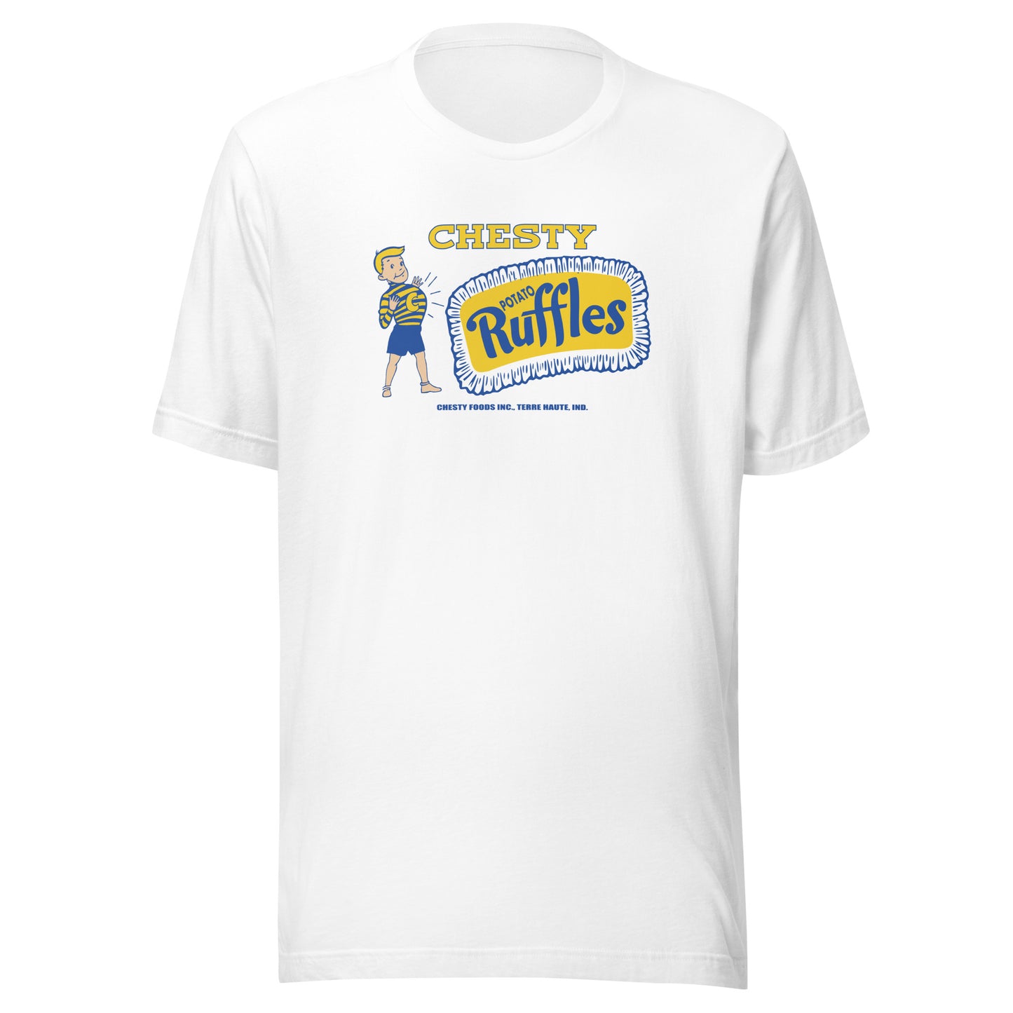 Chesty Potato Ruffles Chips / Chesty Foods (blue/yellow) - Terre Haute Indiana - Short-Sleeve Unisex T-Shirt