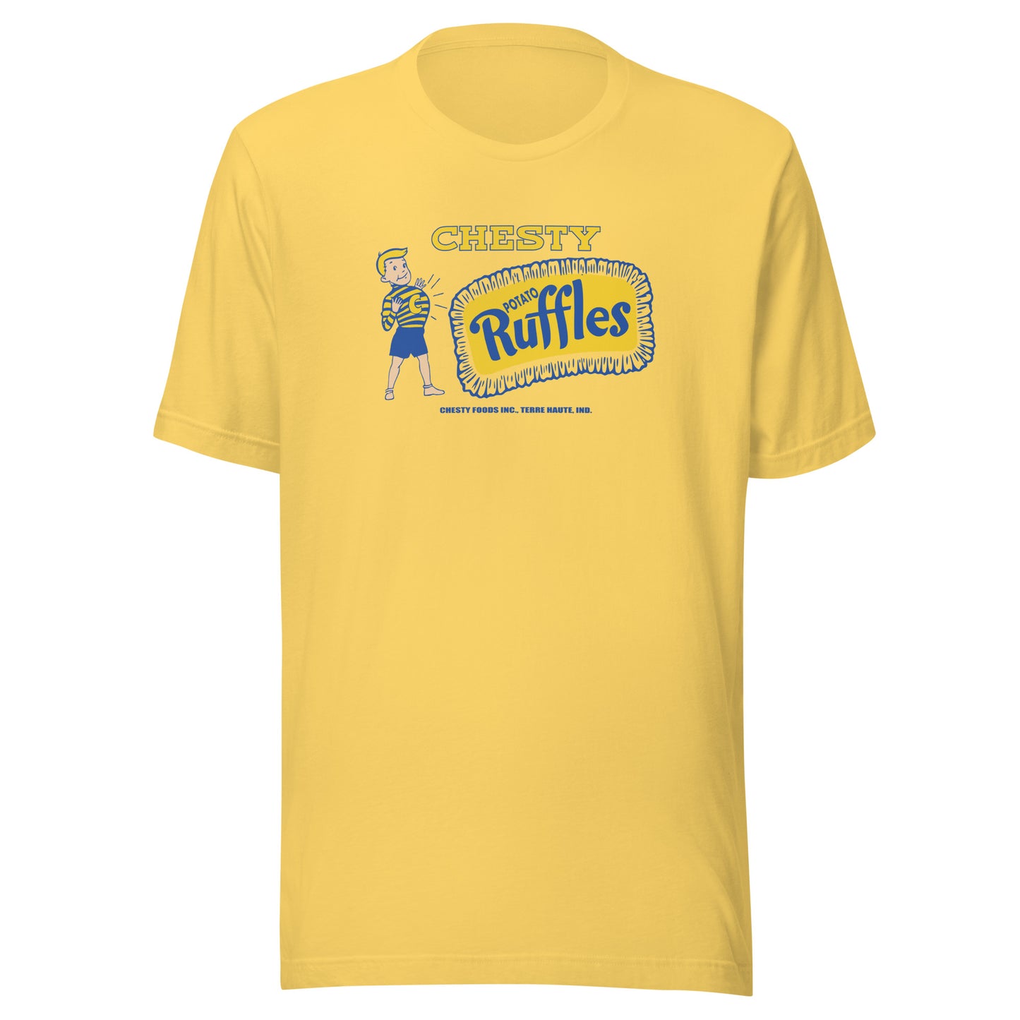 Chesty Potato Ruffles Chips / Chesty Foods (blue/yellow) - Terre Haute Indiana - Short-Sleeve Unisex T-Shirt