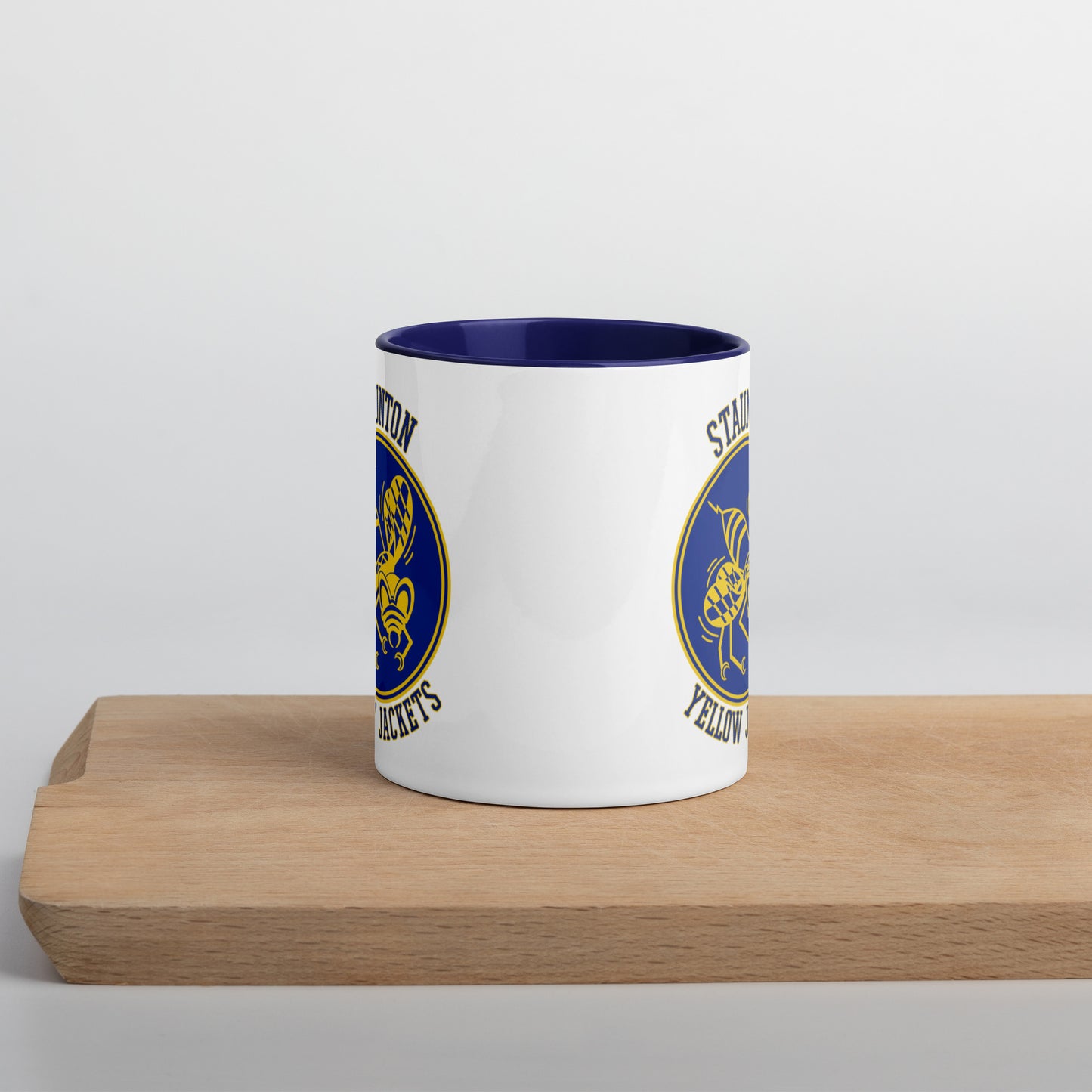 Staunton HS Yellow Jackets - center court design - Coffee mug (white with blue accent)