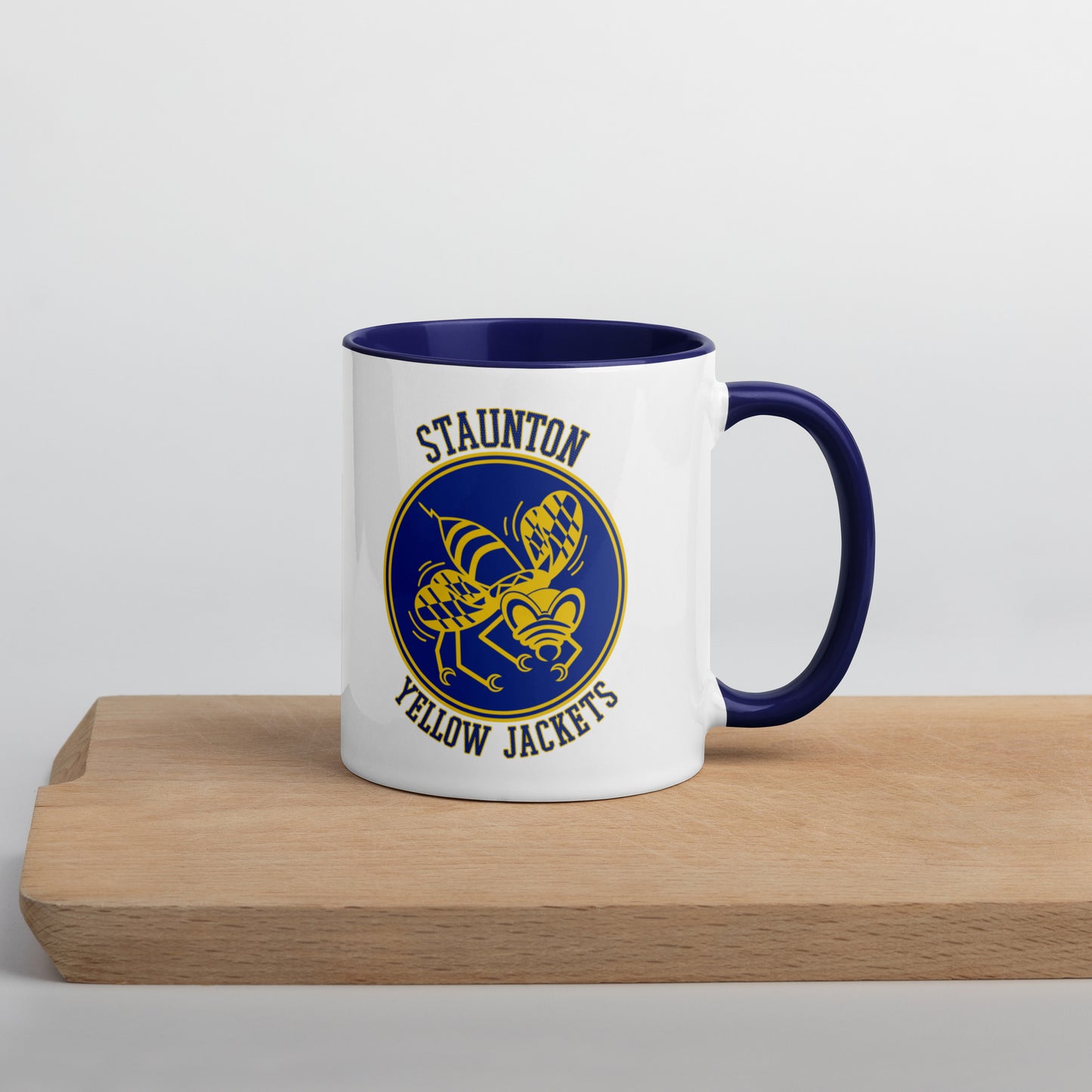 Staunton HS Yellow Jackets - center court design - Coffee mug (white with blue accent)