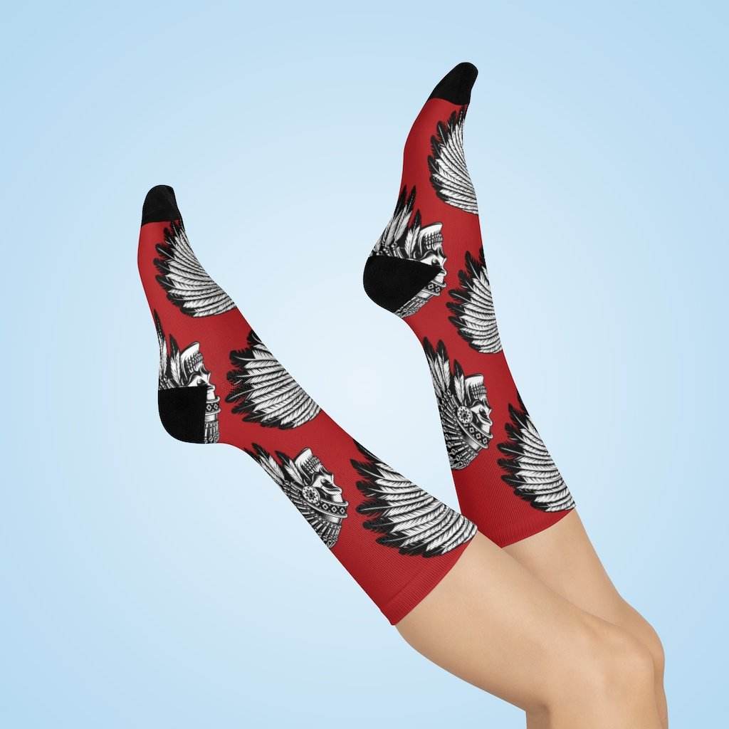 Terre Haute South HS Braves - Crew Socks - headdress white on red - EdgyHaute