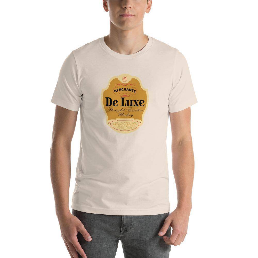 Deluxe Bourbon Whiskey / Merchants Distilling (design 1) - Terre Haute Indiana - Short-Sleeve Unisex T-Shirt - EdgyHaute
