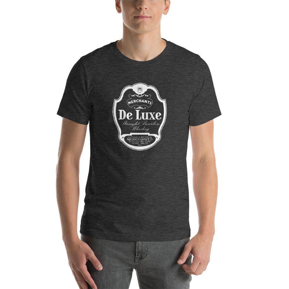 Deluxe Bourbon Whiskey / Merchants Distilling (design 1 white) - Terre Haute Indiana - Short-Sleeve Unisex T-Shirt - EdgyHaute