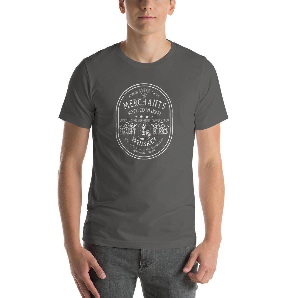 Deluxe Bourbon Whiskey / Merchants Distilling (design 2 white) - Terre Haute Indiana - Short-Sleeve Unisex T-Shirt - EdgyHaute