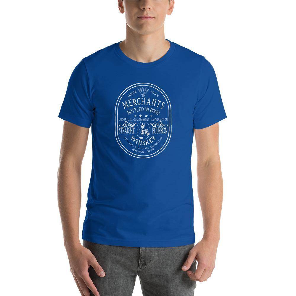 Deluxe Bourbon Whiskey / Merchants Distilling (design 2 white) - Terre Haute Indiana - Short-Sleeve Unisex T-Shirt - EdgyHaute