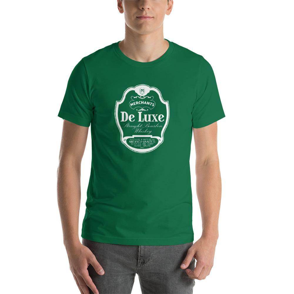 Deluxe Bourbon Whiskey / Merchants Distilling (design 1 white) - Terre Haute Indiana - Short-Sleeve Unisex T-Shirt - EdgyHaute