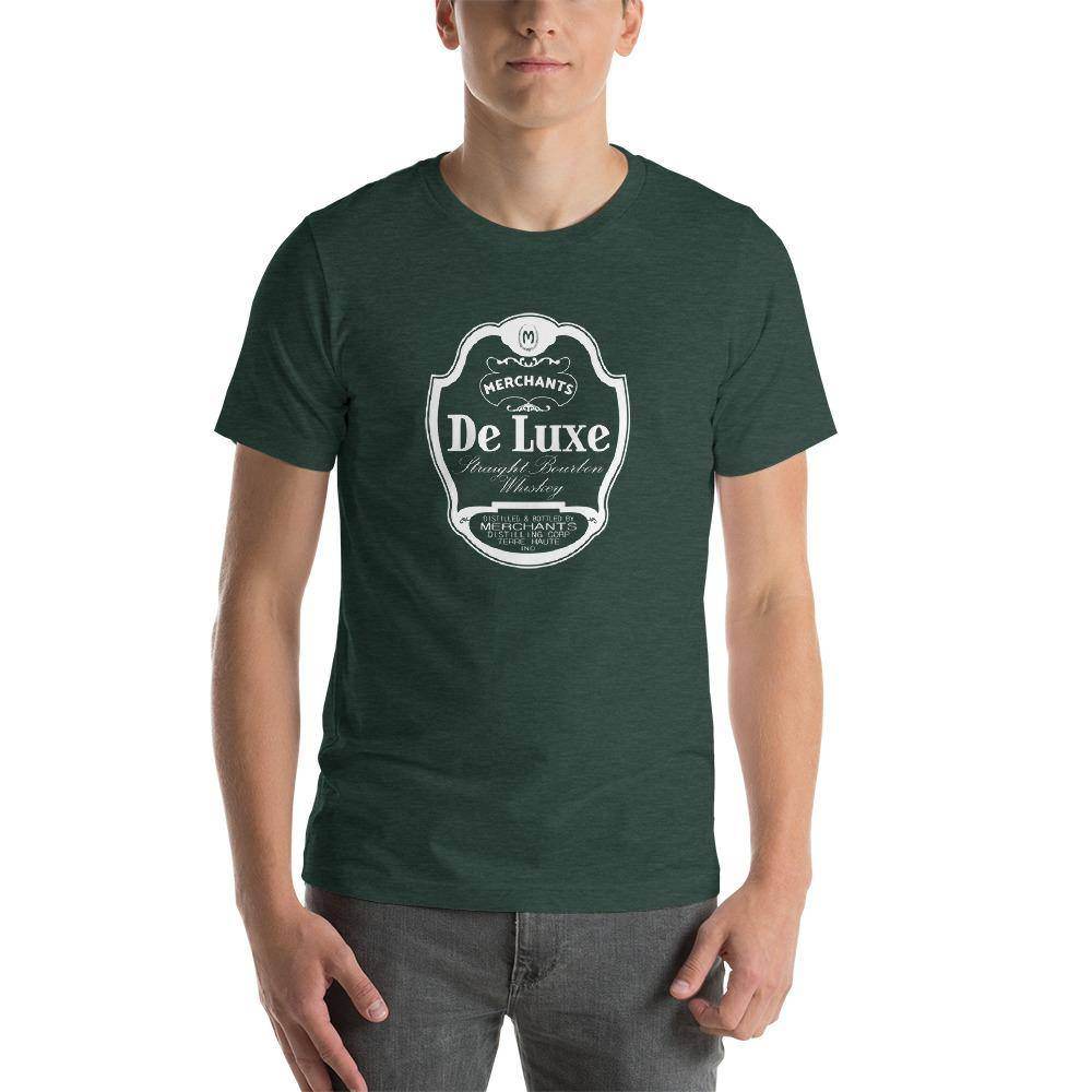 Deluxe Bourbon Whiskey / Merchants Distilling (design 1 white) - Terre Haute Indiana - Short-Sleeve Unisex T-Shirt - EdgyHaute