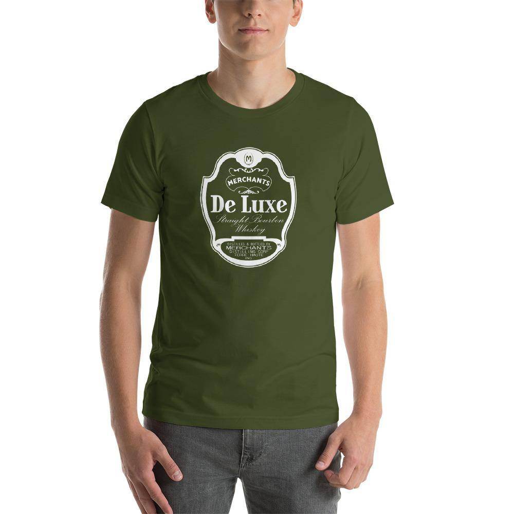 Deluxe Bourbon Whiskey / Merchants Distilling (design 1 white) - Terre Haute Indiana - Short-Sleeve Unisex T-Shirt - EdgyHaute