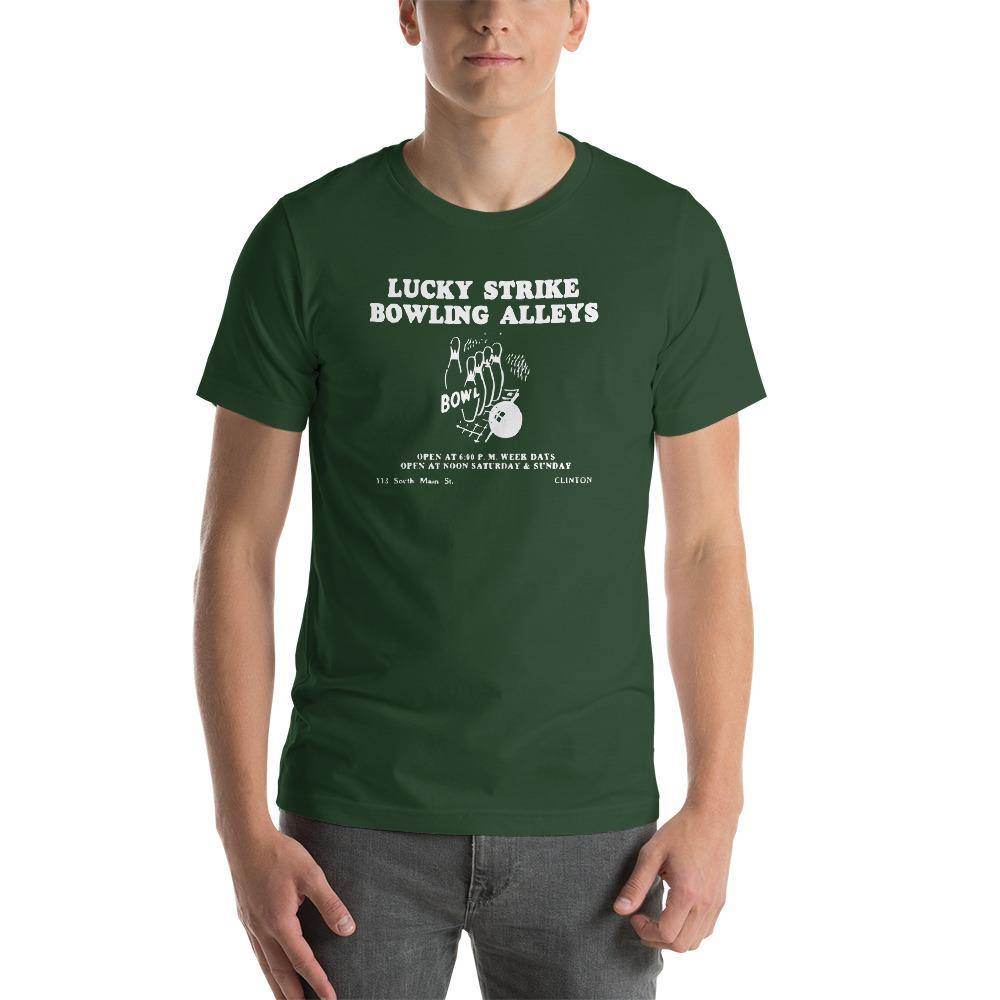 Lucky Strike Bowling Alley - Design 1 (white) - Clinton Indiana - Short-Sleeve Unisex T-Shirt - EdgyHaute