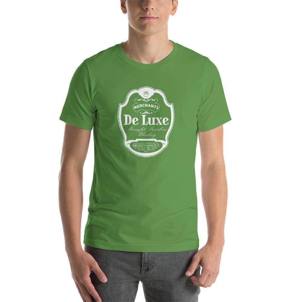 Deluxe Bourbon Whiskey / Merchants Distilling (design 1 white) - Terre Haute Indiana - Short-Sleeve Unisex T-Shirt - EdgyHaute
