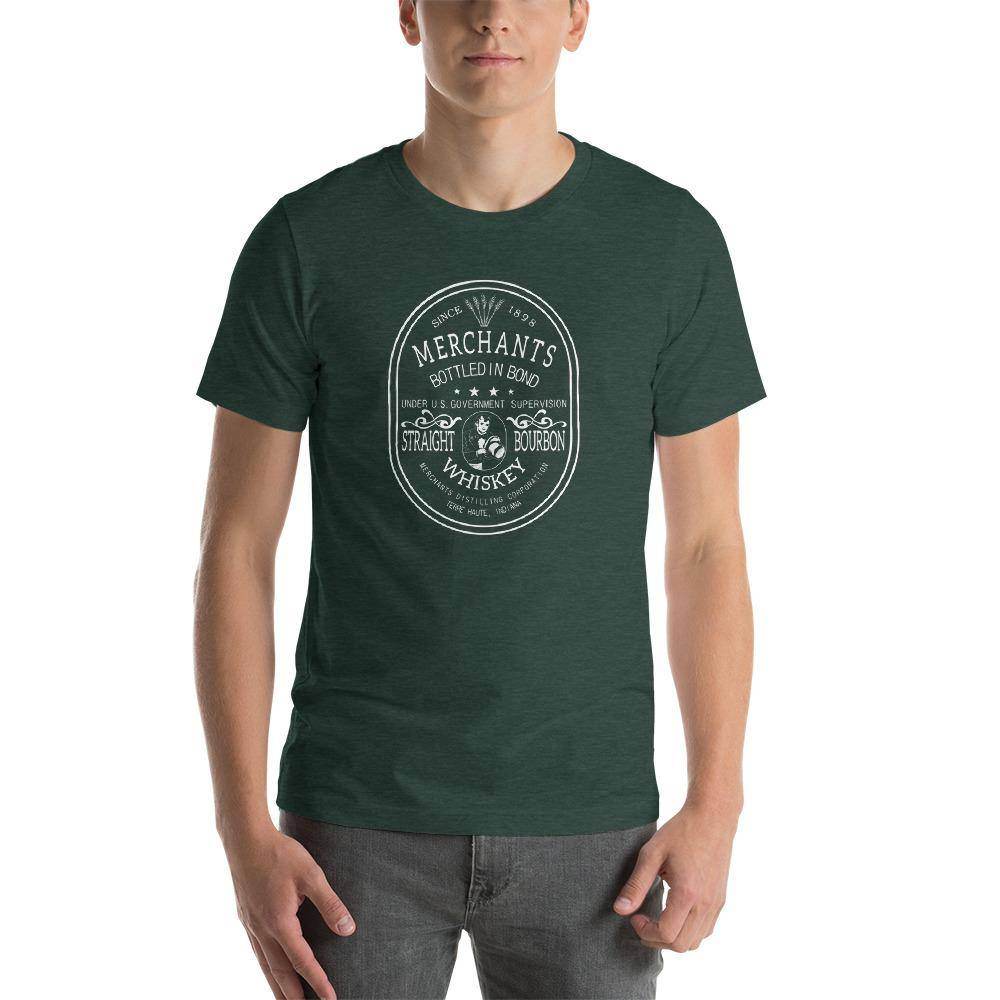 Deluxe Bourbon Whiskey / Merchants Distilling (design 2 white) - Terre Haute Indiana - Short-Sleeve Unisex T-Shirt - EdgyHaute