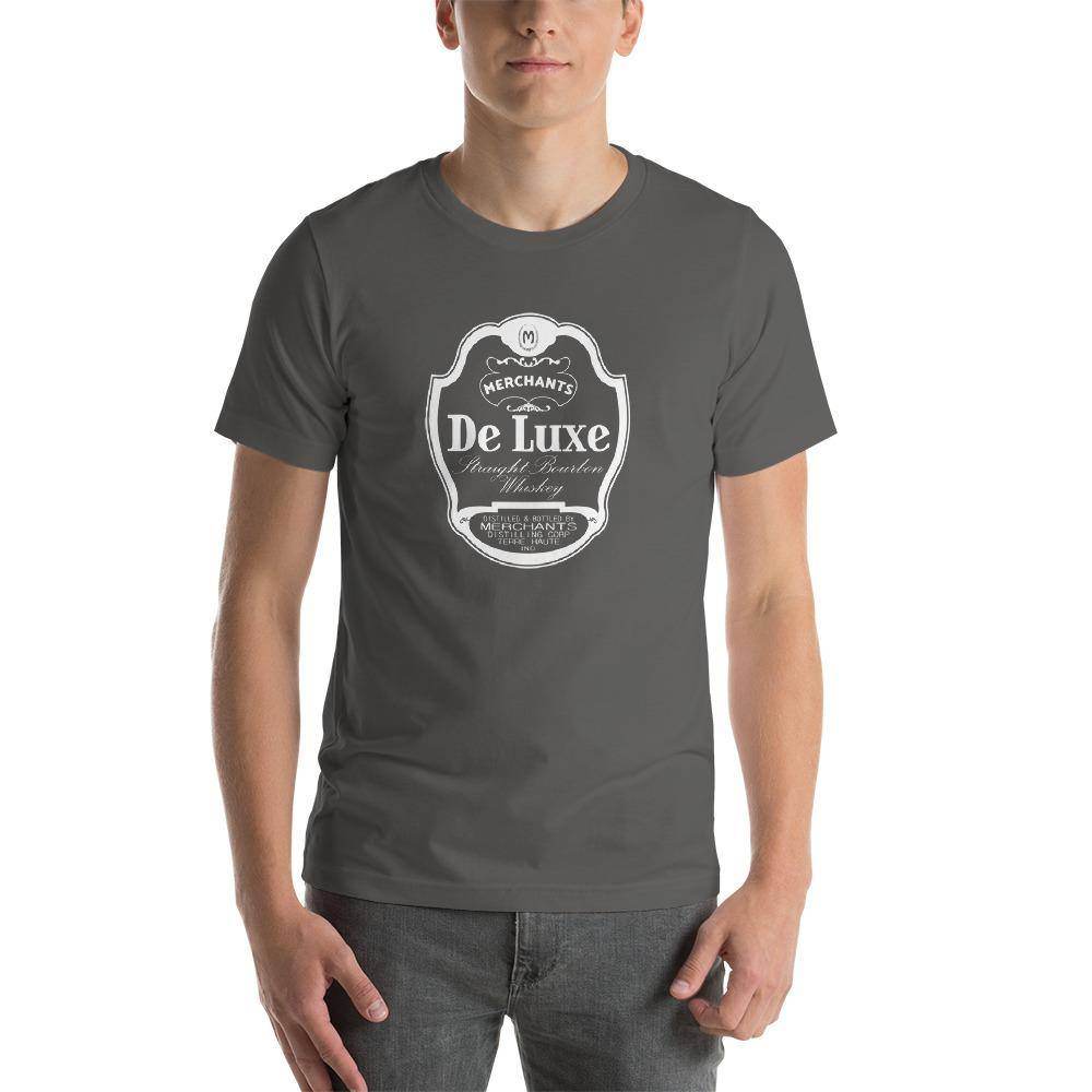 Deluxe Bourbon Whiskey / Merchants Distilling (design 1 white) - Terre Haute Indiana - Short-Sleeve Unisex T-Shirt - EdgyHaute