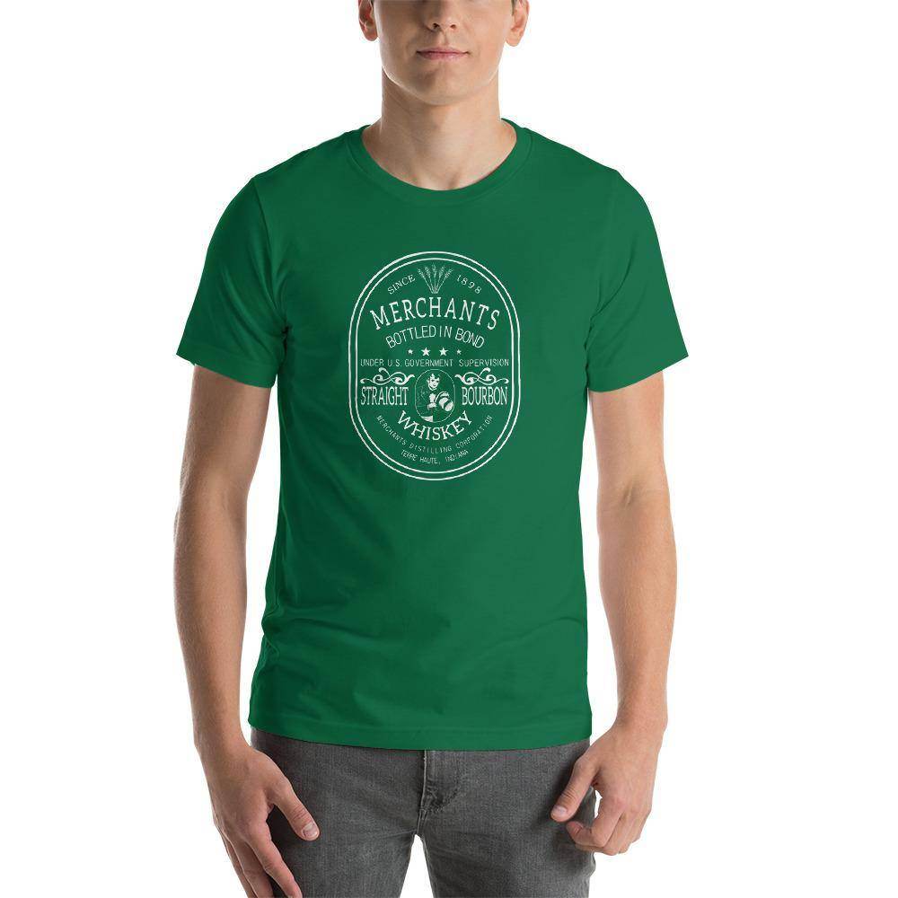 Deluxe Bourbon Whiskey / Merchants Distilling (design 2 white) - Terre Haute Indiana - Short-Sleeve Unisex T-Shirt - EdgyHaute