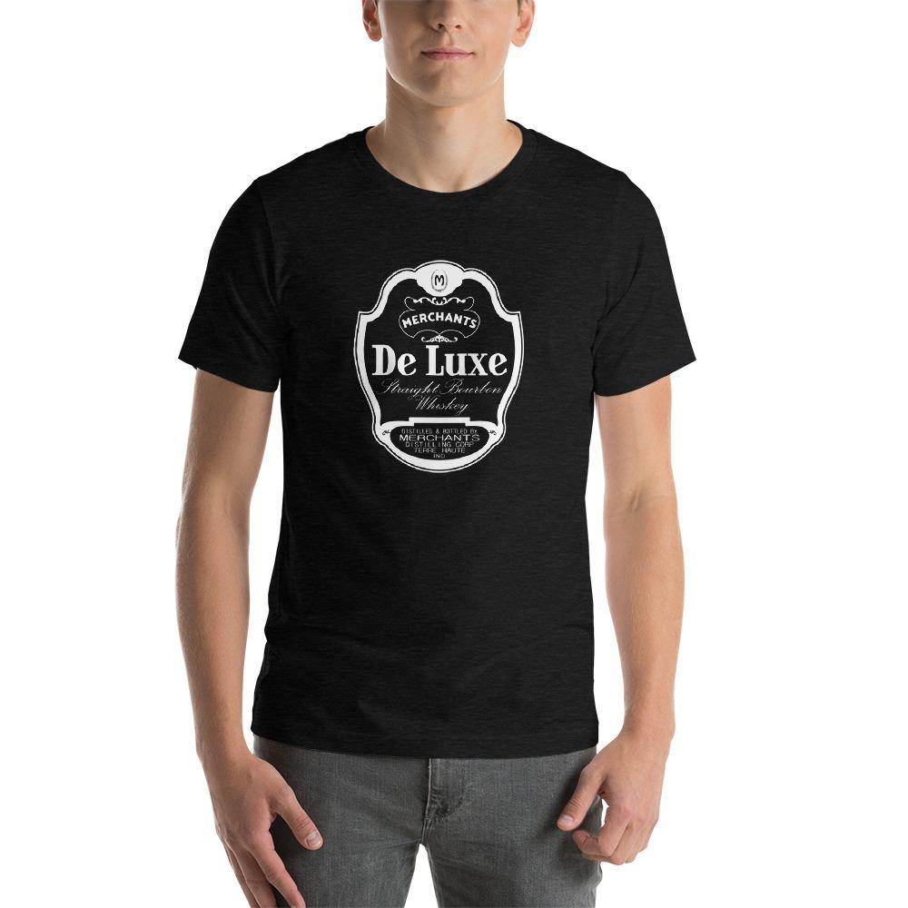 Deluxe Bourbon Whiskey / Merchants Distilling (design 1 white) - Terre Haute Indiana - Short-Sleeve Unisex T-Shirt - EdgyHaute
