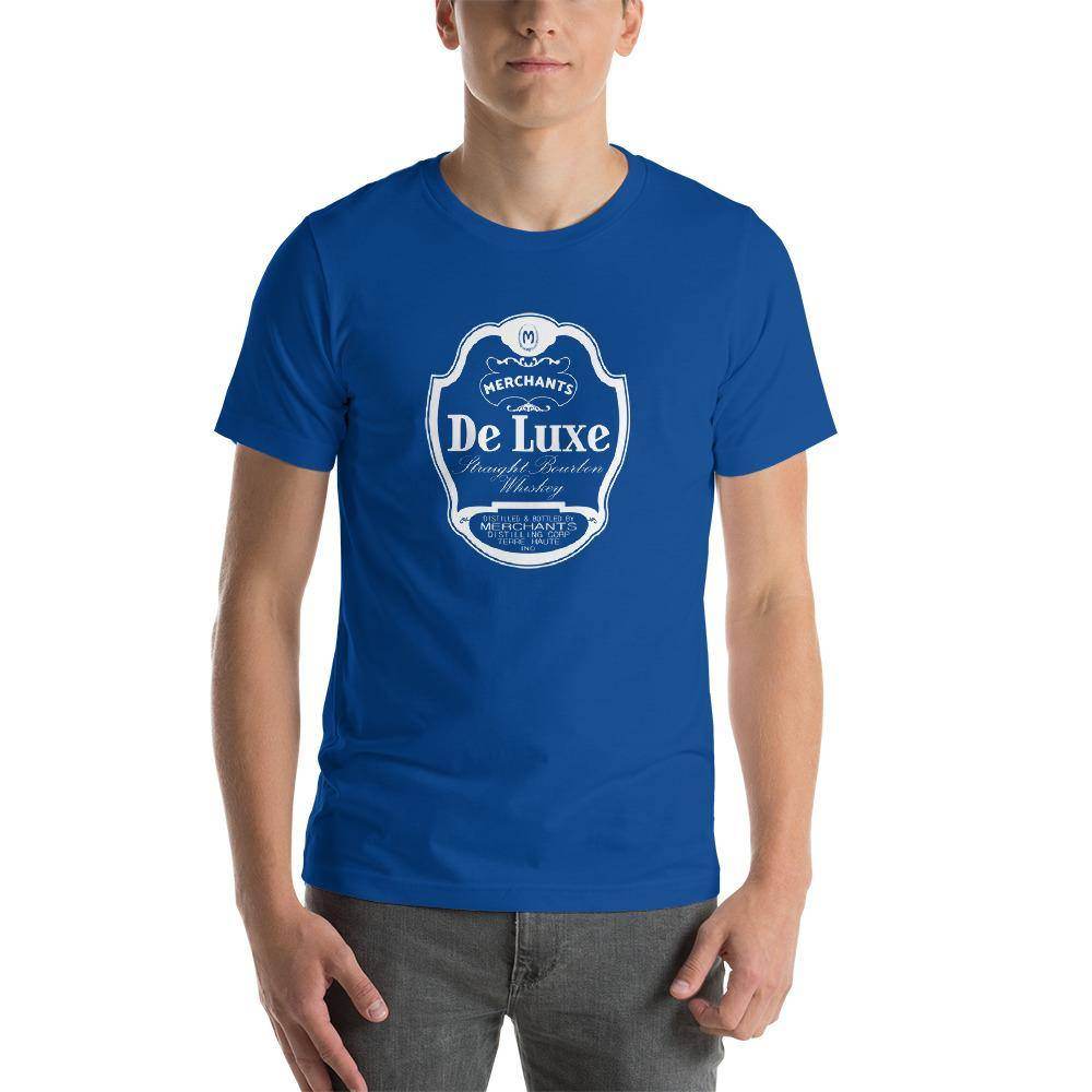 Deluxe Bourbon Whiskey / Merchants Distilling (design 1 white) - Terre Haute Indiana - Short-Sleeve Unisex T-Shirt - EdgyHaute