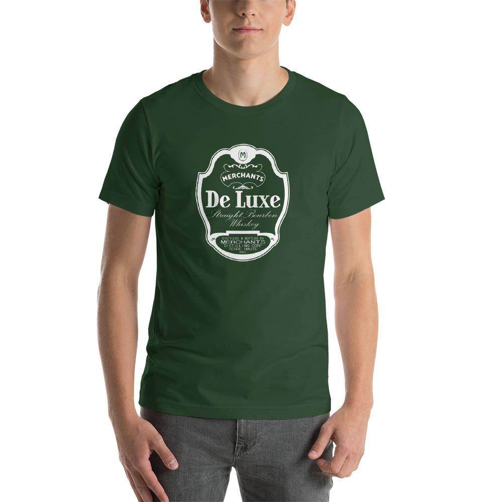 Deluxe Bourbon Whiskey / Merchants Distilling (design 1 white) - Terre Haute Indiana - Short-Sleeve Unisex T-Shirt - EdgyHaute