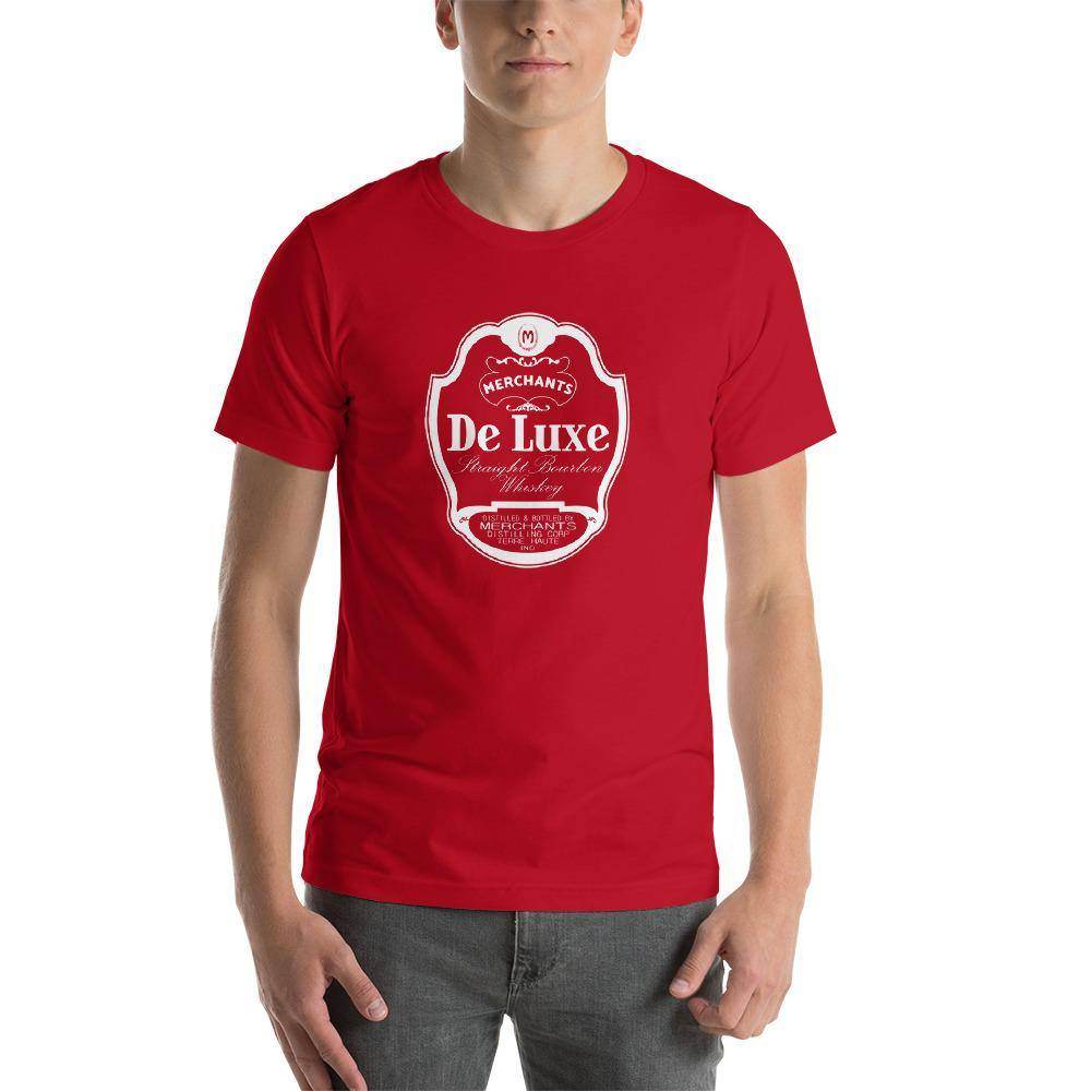 Deluxe Bourbon Whiskey / Merchants Distilling (design 1 white) - Terre Haute Indiana - Short-Sleeve Unisex T-Shirt - EdgyHaute