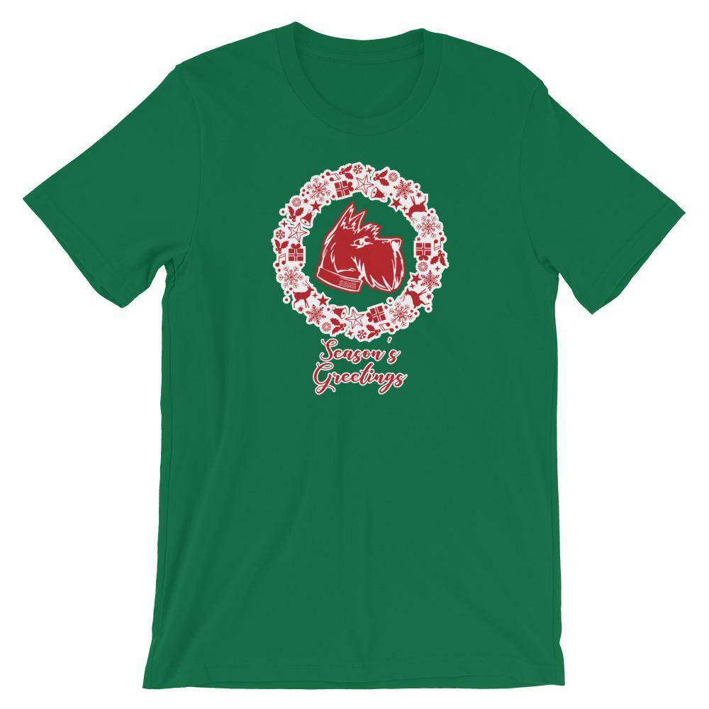 Sarah Scott MS Scotties - Season's Greetings wreath (red/white) - Short-Sleeve Unisex T-Shirt - EdgyHaute