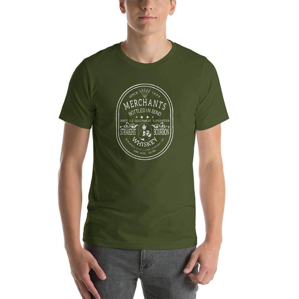 Deluxe Bourbon Whiskey / Merchants Distilling (design 2 white) - Terre Haute Indiana - Short-Sleeve Unisex T-Shirt - EdgyHaute