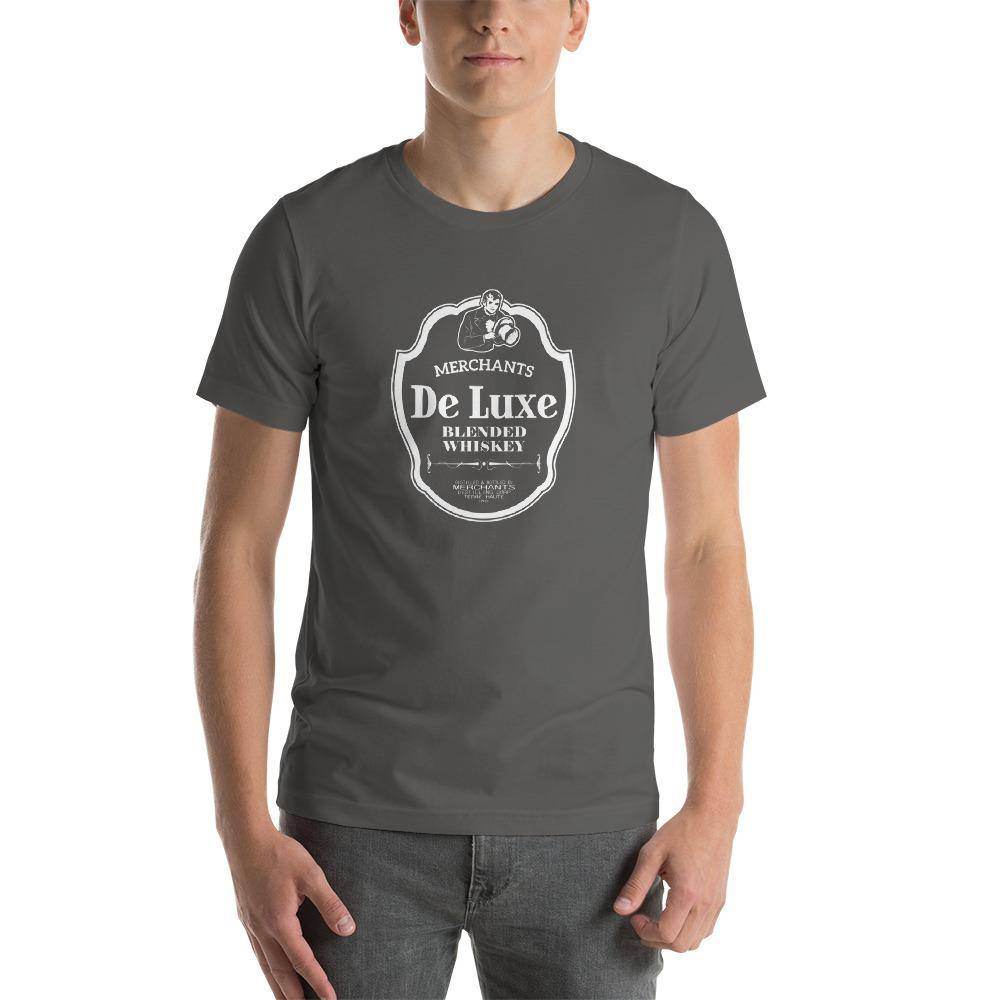 Deluxe Bourbon Whiskey / Merchants Distilling (design 4 white) - Terre Haute Indiana - Short-Sleeve Unisex T-Shirt - EdgyHaute