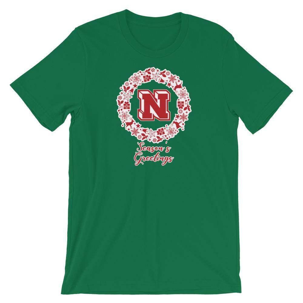 Terre Haute North HS Patriots - Season's Greetings wreath (red/white) - Short-Sleeve Unisex T-Shirt - EdgyHaute