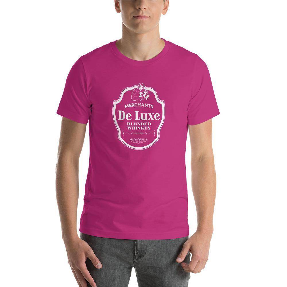 Deluxe Bourbon Whiskey / Merchants Distilling (design 4 white) - Terre Haute Indiana - Short-Sleeve Unisex T-Shirt - EdgyHaute