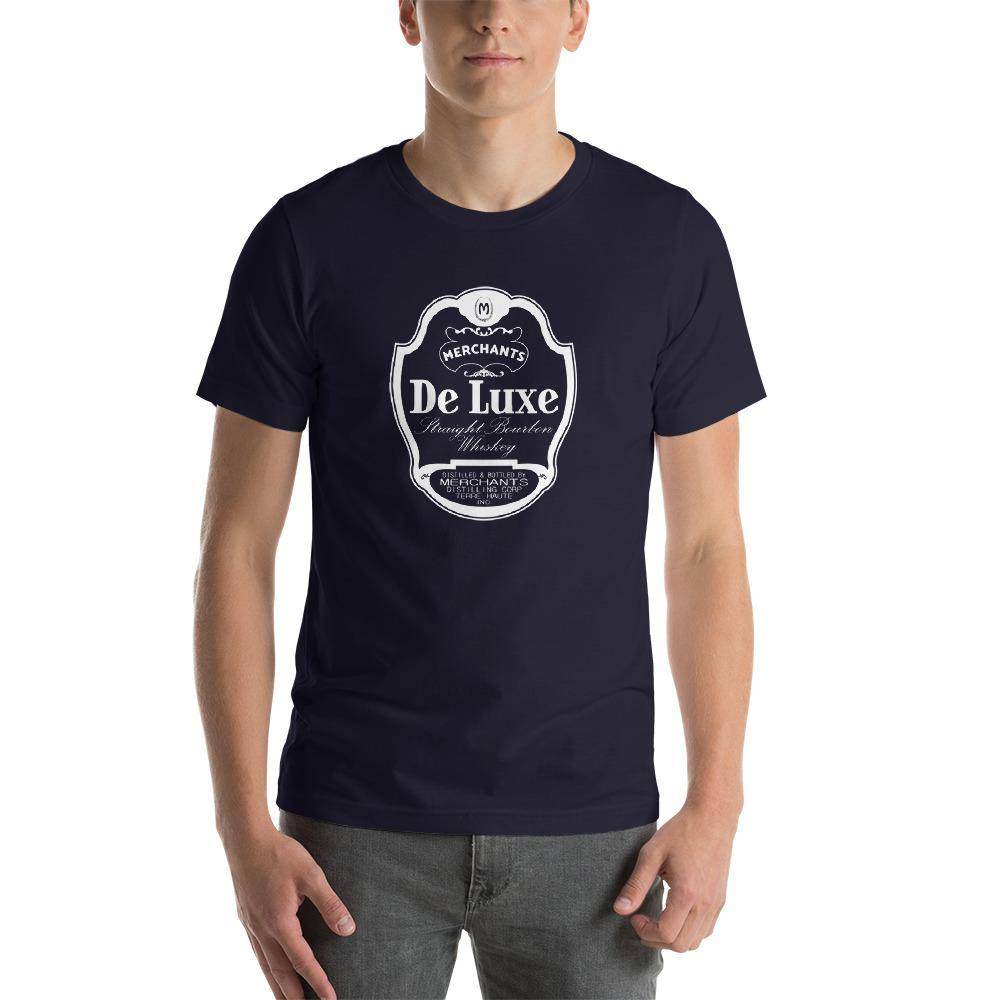 Deluxe Bourbon Whiskey / Merchants Distilling (design 1 white) - Terre Haute Indiana - Short-Sleeve Unisex T-Shirt - EdgyHaute