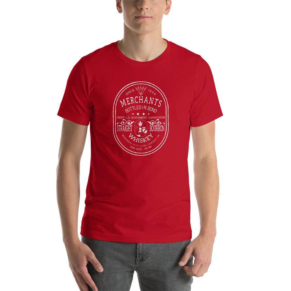 Deluxe Bourbon Whiskey / Merchants Distilling (design 2 white) - Terre Haute Indiana - Short-Sleeve Unisex T-Shirt - EdgyHaute