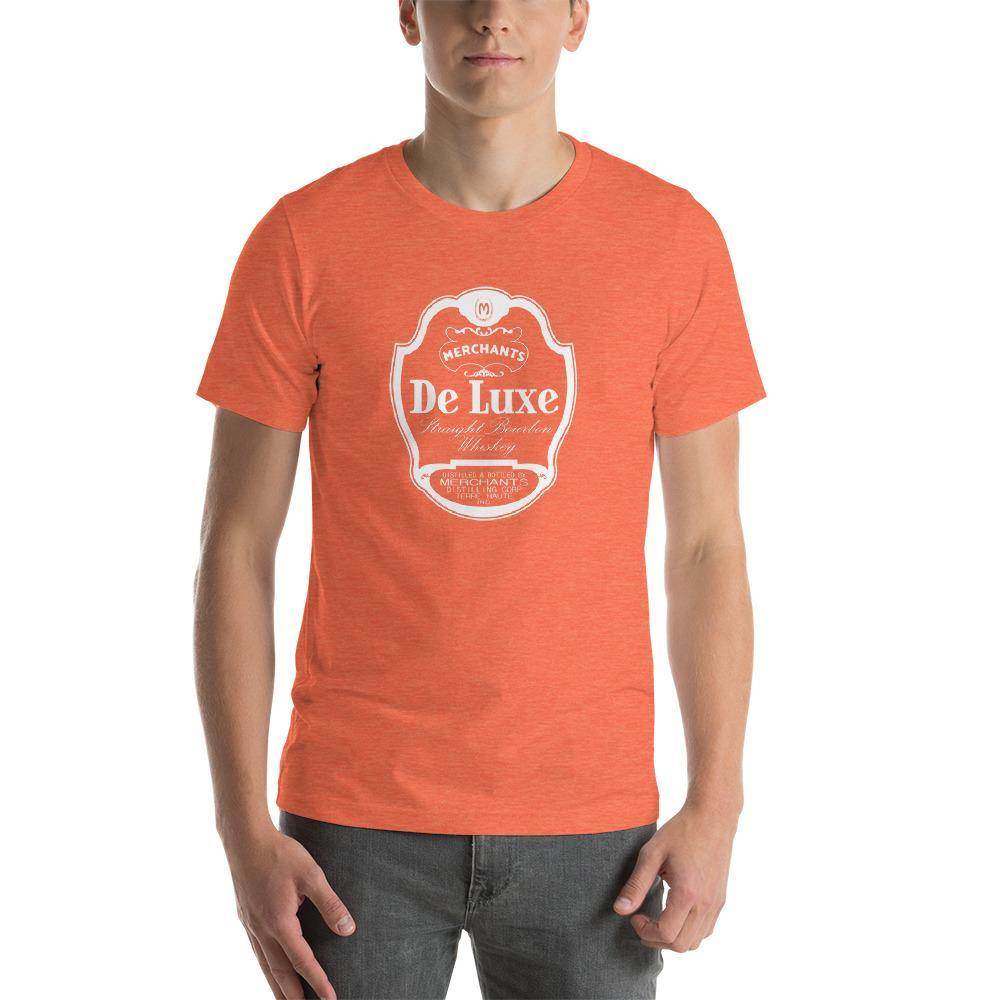 Deluxe Bourbon Whiskey / Merchants Distilling (design 1 white) - Terre Haute Indiana - Short-Sleeve Unisex T-Shirt - EdgyHaute