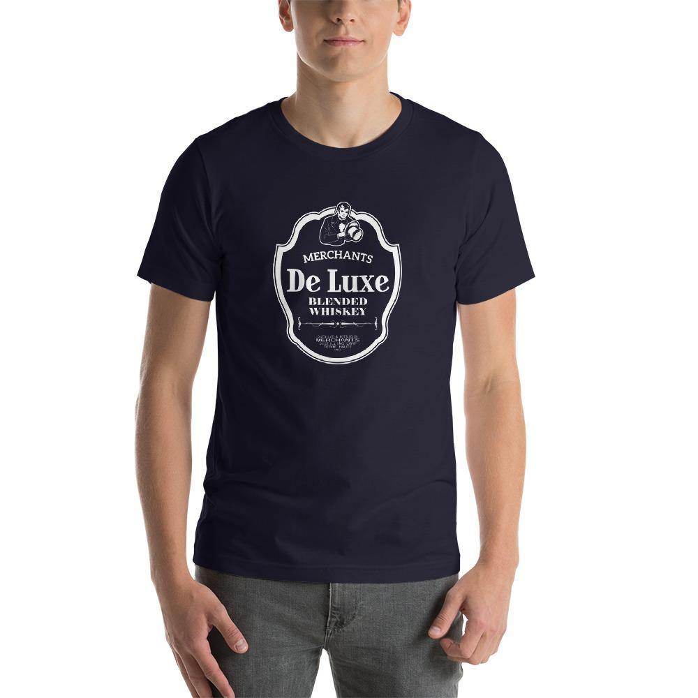 Deluxe Bourbon Whiskey / Merchants Distilling (design 4 white) - Terre Haute Indiana - Short-Sleeve Unisex T-Shirt - EdgyHaute