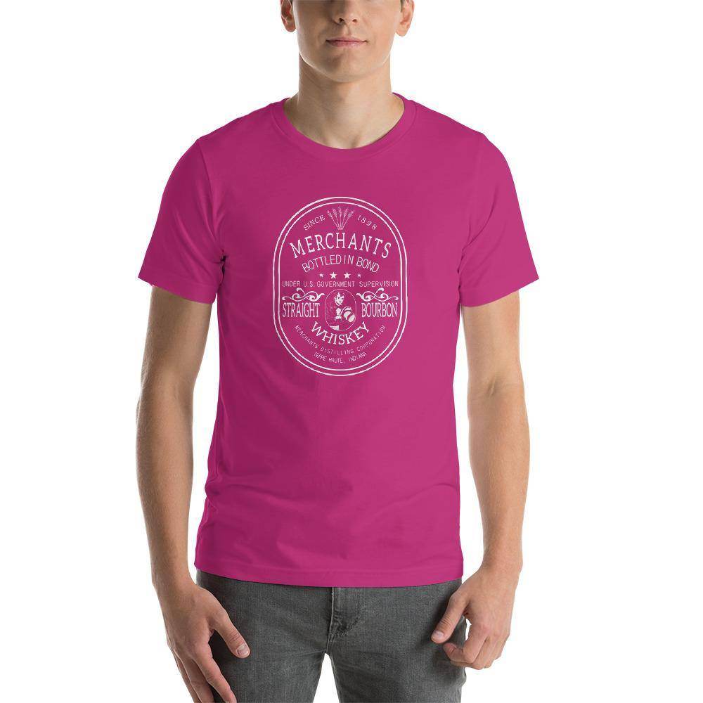 Deluxe Bourbon Whiskey / Merchants Distilling (design 2 white) - Terre Haute Indiana - Short-Sleeve Unisex T-Shirt - EdgyHaute
