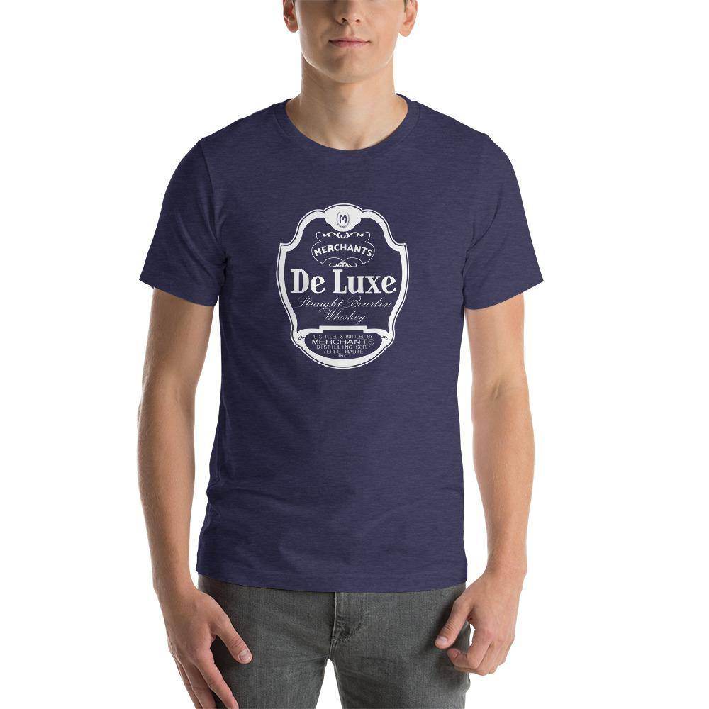 Deluxe Bourbon Whiskey / Merchants Distilling (design 1 white) - Terre Haute Indiana - Short-Sleeve Unisex T-Shirt - EdgyHaute