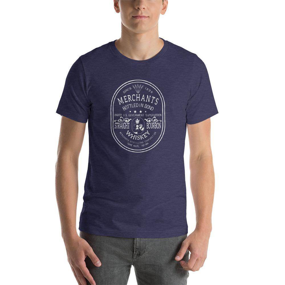 Deluxe Bourbon Whiskey / Merchants Distilling (design 2 white) - Terre Haute Indiana - Short-Sleeve Unisex T-Shirt - EdgyHaute