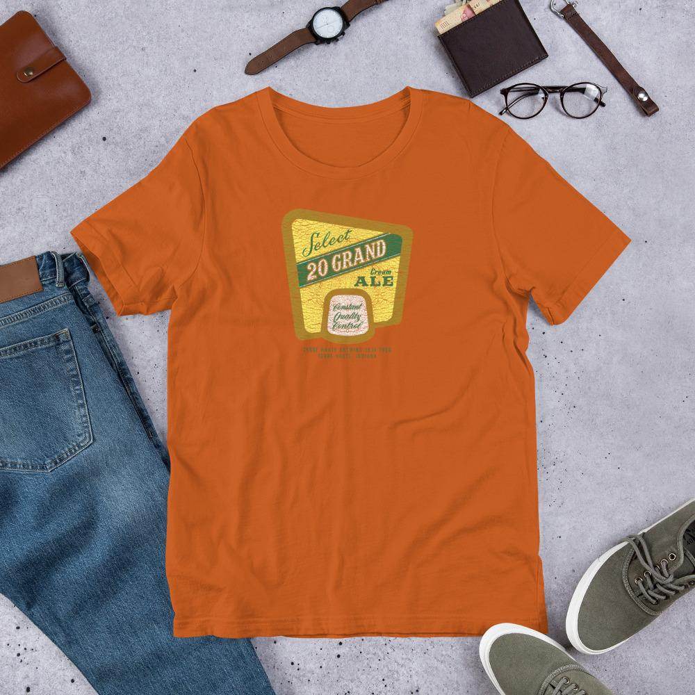 20 Grand Cream Ale (label/distressed) - Terre Haute Indiana - Short-Sleeve Unisex T-Shirt - EdgyHaute