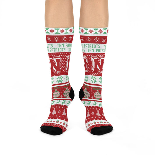 Terre Haute North HS Patriots - Ugly Christmas Sweater inspired Crew Socks - red