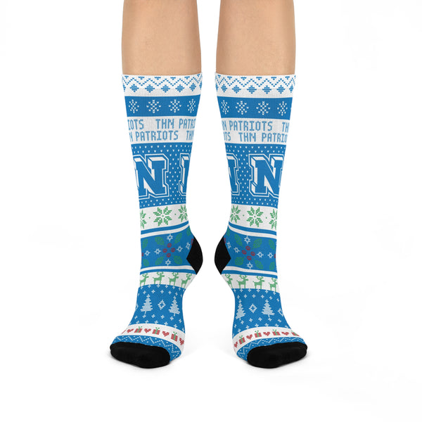 Terre Haute North HS Patriots - Ugly Christmas Sweater inspired Crew Socks - blue