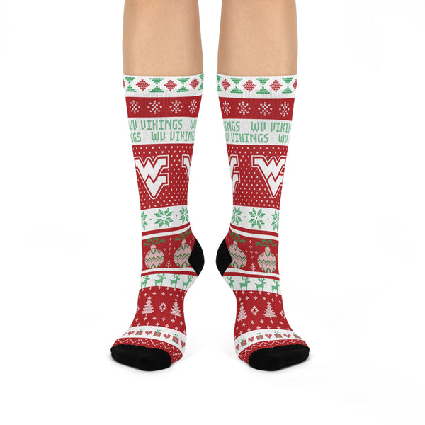 West Vigo HS Vikings - Ugly Christmas Sweater inspired Crew Socks - red