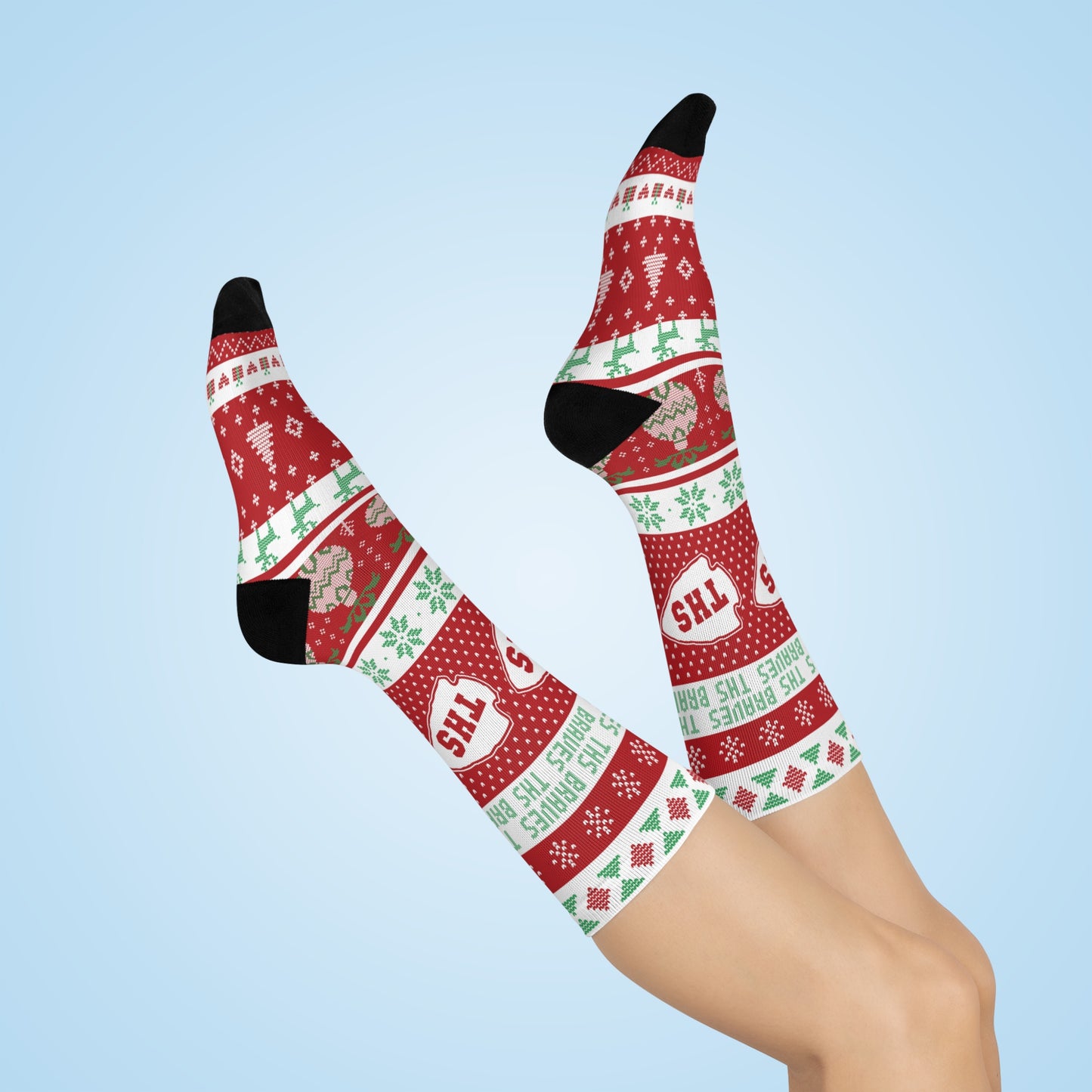 Terre Haute South HS Braves - Ugly Christmas Sweater inspired Crew Socks - red