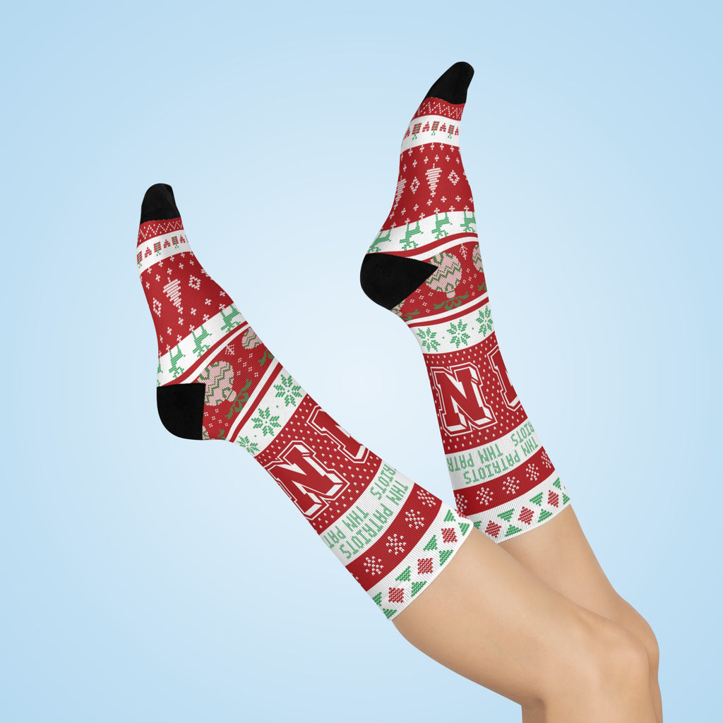Terre Haute North HS Patriots - Ugly Christmas Sweater inspired Crew Socks - red