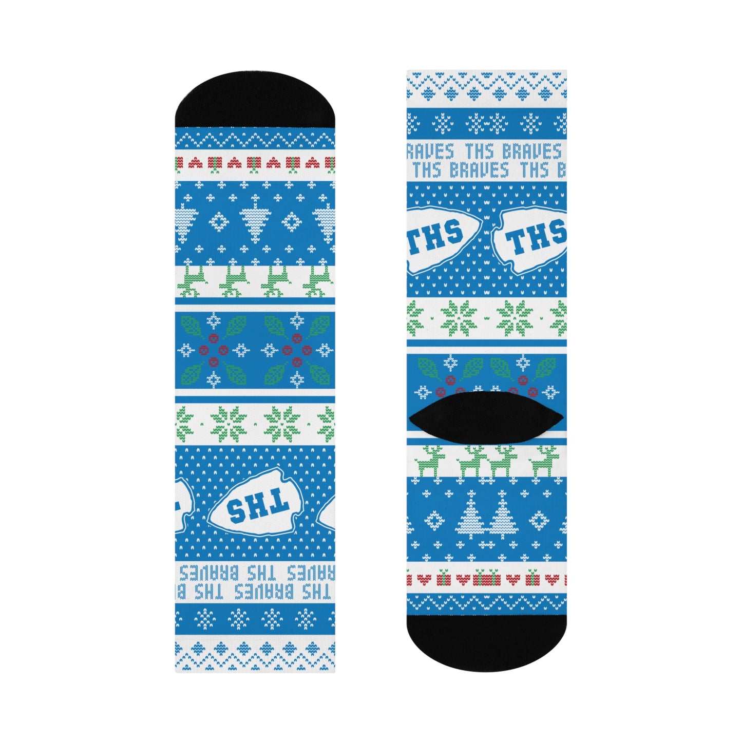 Terre Haute South HS Braves - Ugly Christmas Sweater inspired Crew Socks - blue