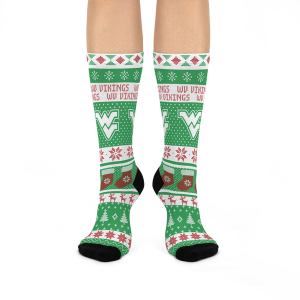 West Vigo HS Vikings - Ugly Christmas Sweater inspired Crew Socks - green