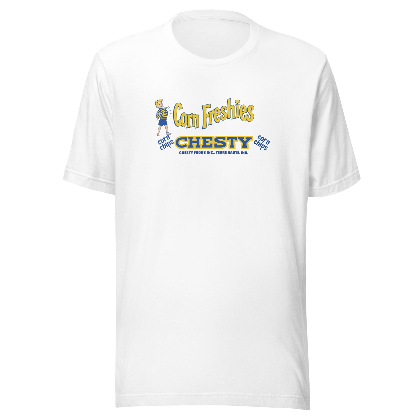 Chesty Corn Chips / Chesty Foods (blue/yellow) - Terre Haute Indiana  -  Short-Sleeve Unisex T-Shirt