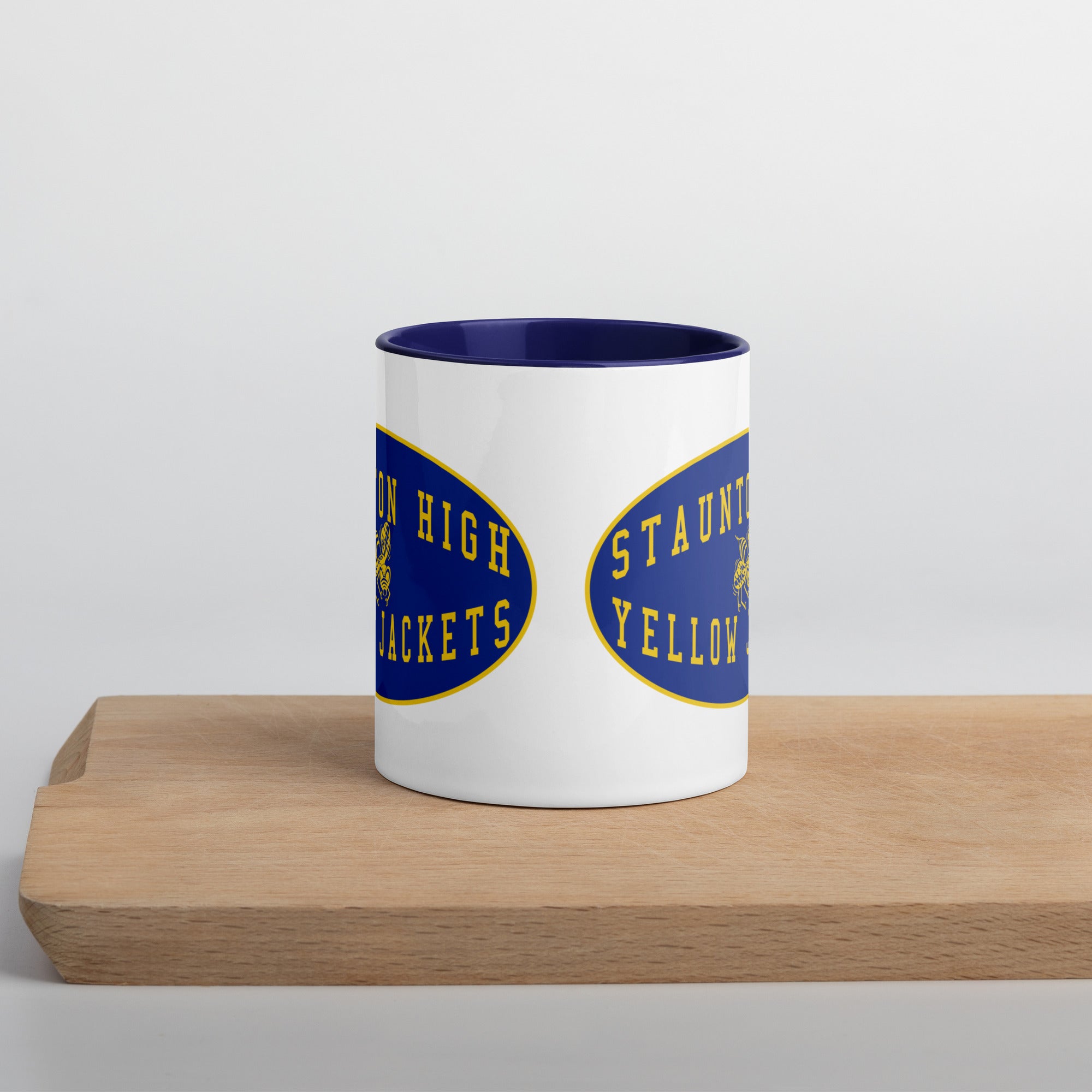 Staunton HS Yellow Jackets - mascot shield  -  Coffee Mug (white with blue accent)