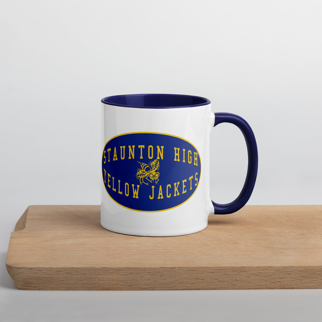 Staunton HS Yellow Jackets - mascot shield  -  Coffee Mug (white with blue accent)