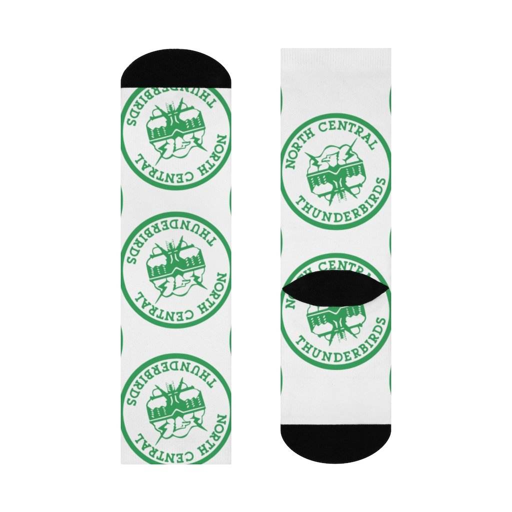 North Central HS Thunderbirds - Crew Socks - large NC green on white - EdgyHaute