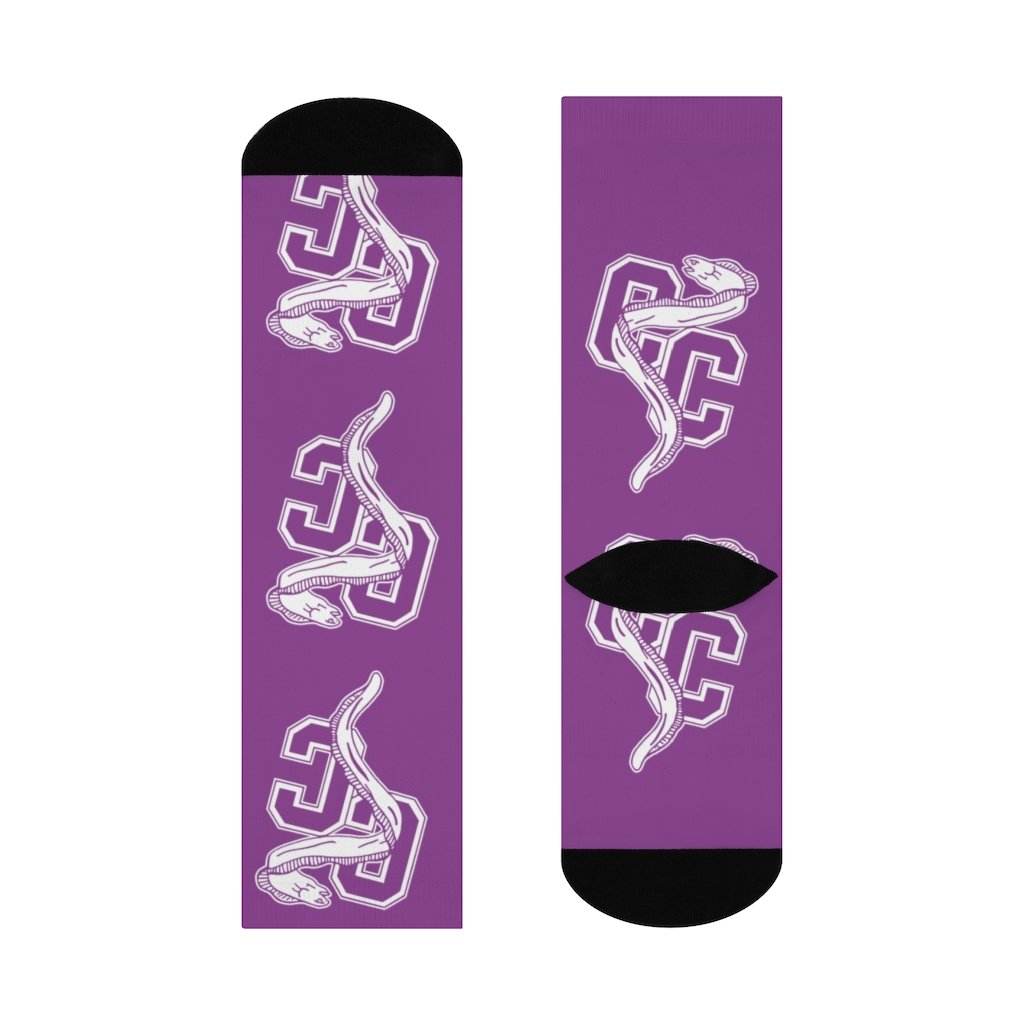 Clay City HS Eels - Crew Socks - large eel white on purple - EdgyHaute