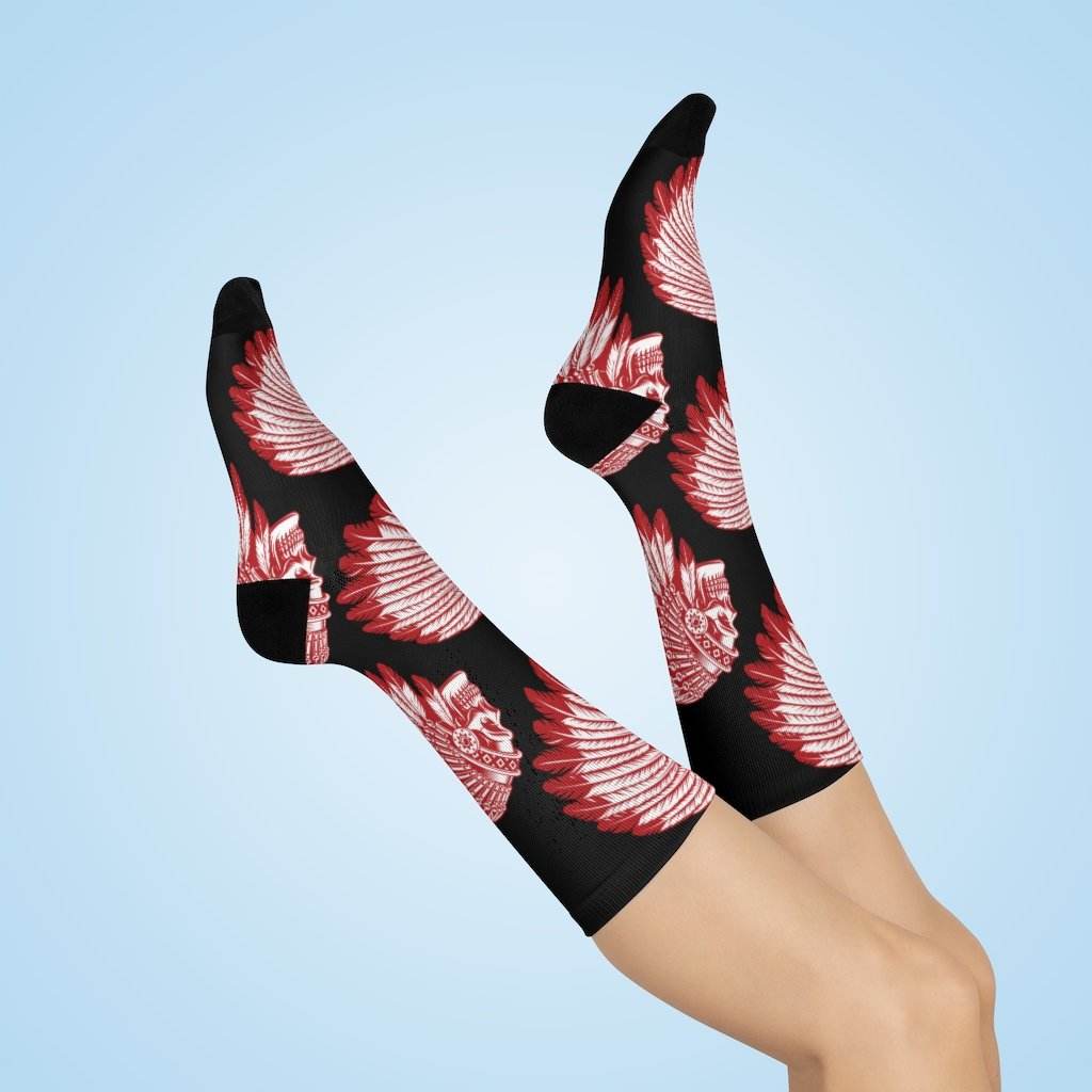 Terre Haute South HS Braves - Crew Socks - headdress red on black - EdgyHaute