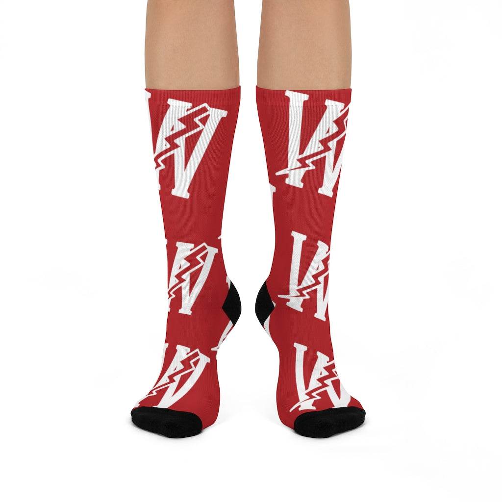 Wiley Red Streaks - Crew Socks - large W white on red - EdgyHaute
