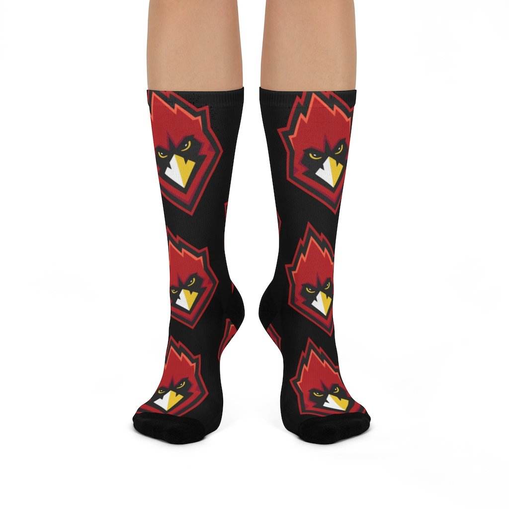 Chrisman HS Cardinals - Crew Socks - large cardinal on black - EdgyHaute