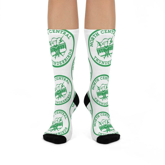 North Central HS Thunderbirds - Crew Socks - large NC green on white - EdgyHaute